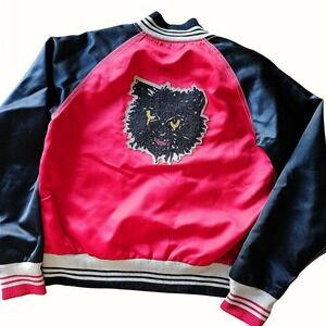 Vtg Style Levi's Satin Bomber Jacket Red Black Crying Cat Embroidered Back Small